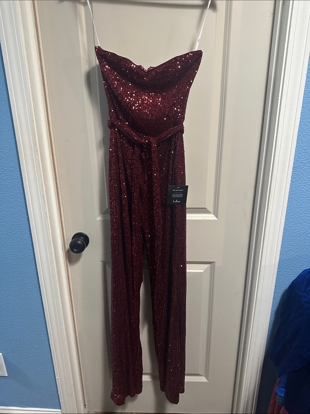 Lulu's Burgundy Sequin Strapless Jumpsuit